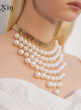 苏心大气简约欧美风流苏人造珍珠锁骨链女式晚宴吸睛设计感项链