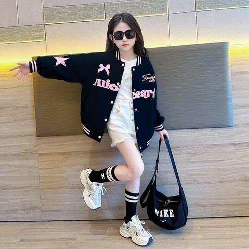 女童刺绣字母棒球服上衣2026春秋款中大童洋气韩版校园风夹克外套 - 图2