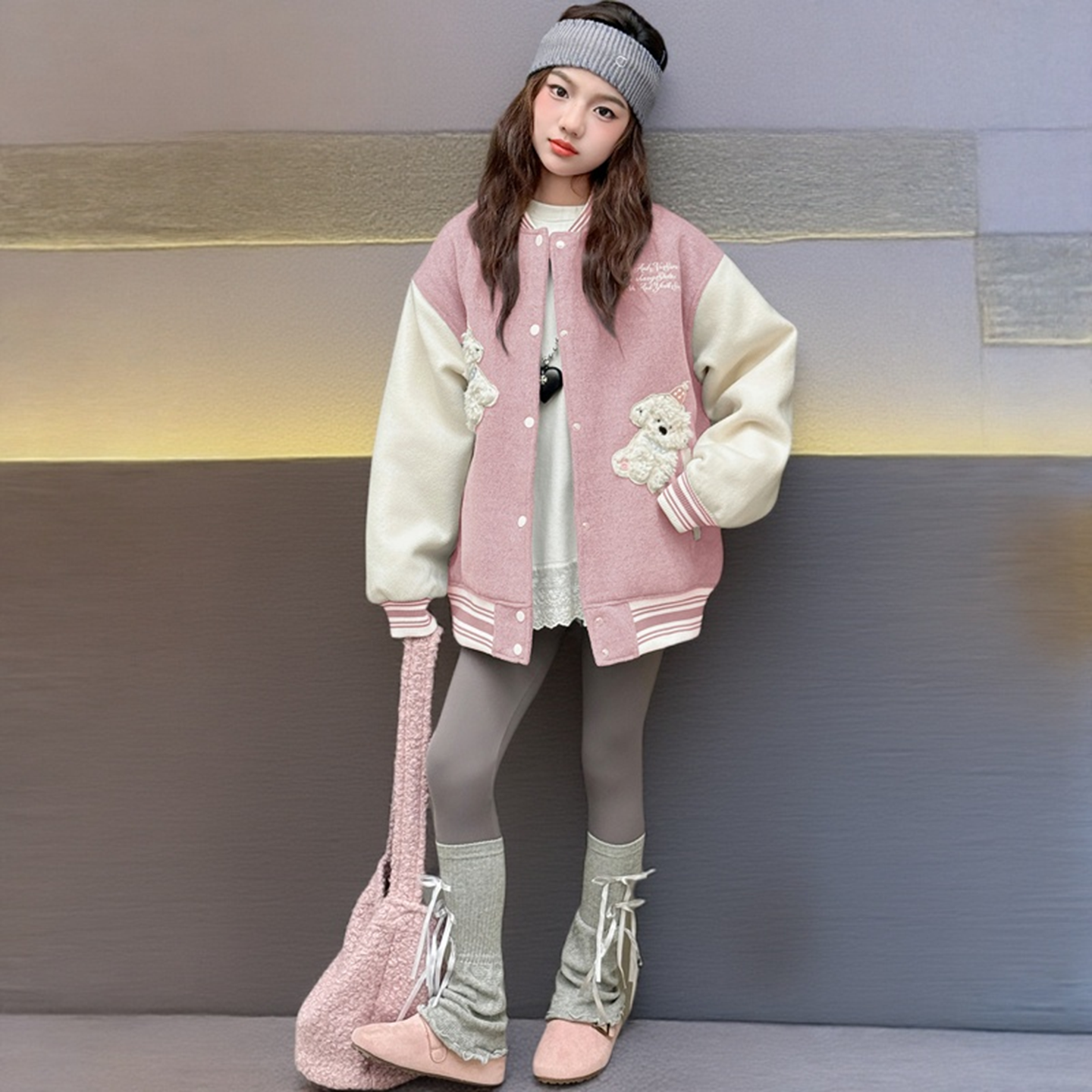 女童毛呢棒球服夹棉加厚2025秋冬新款中大童卡通刺绣拼色呢子外套 - 图3