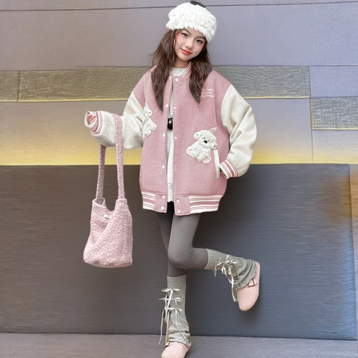 女童毛呢棒球服夹棉加厚2025秋冬新款中大童卡通刺绣拼色呢子外套 - 图2