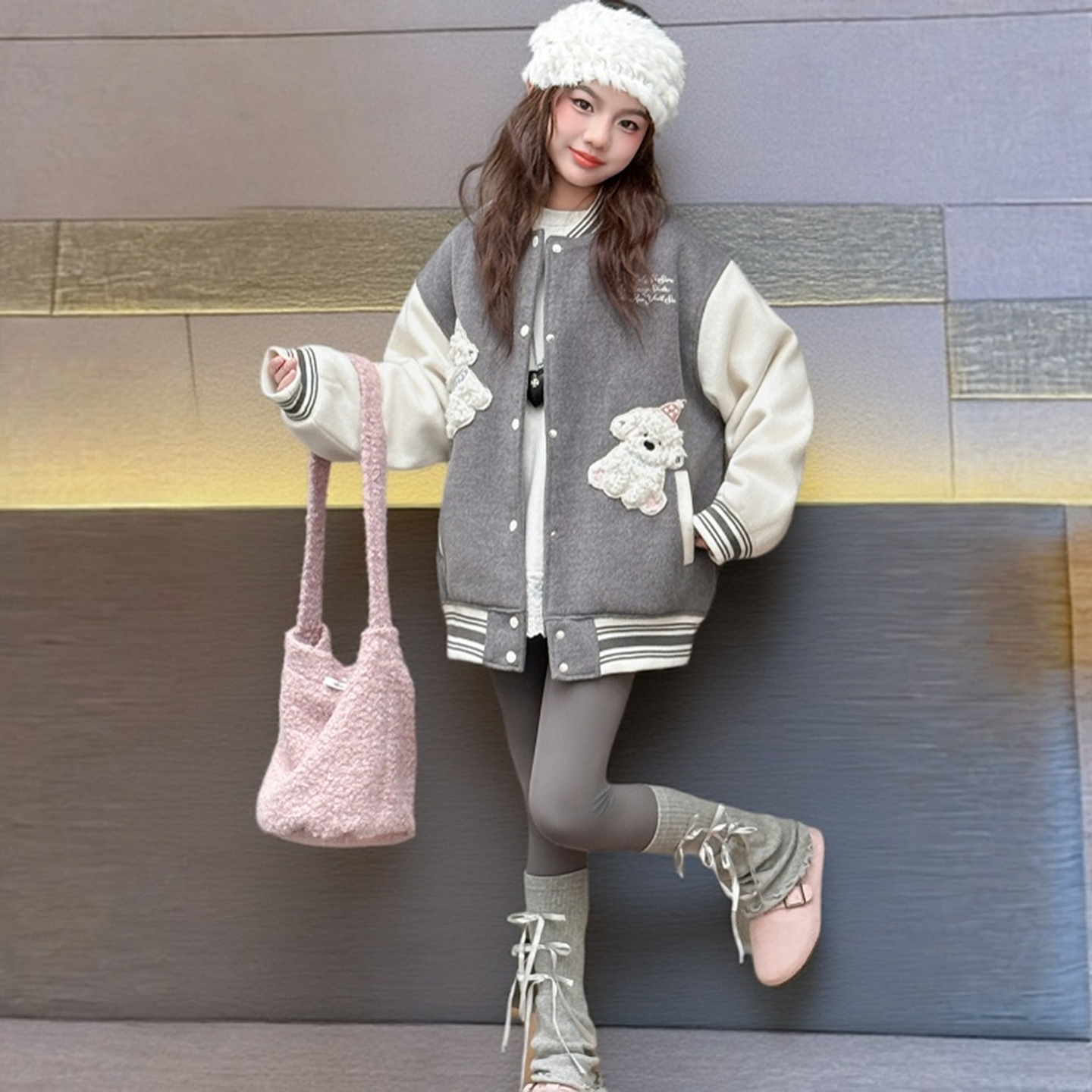 女童毛呢棒球服夹棉加厚2025秋冬新款中大童卡通刺绣拼色呢子外套 - 图1