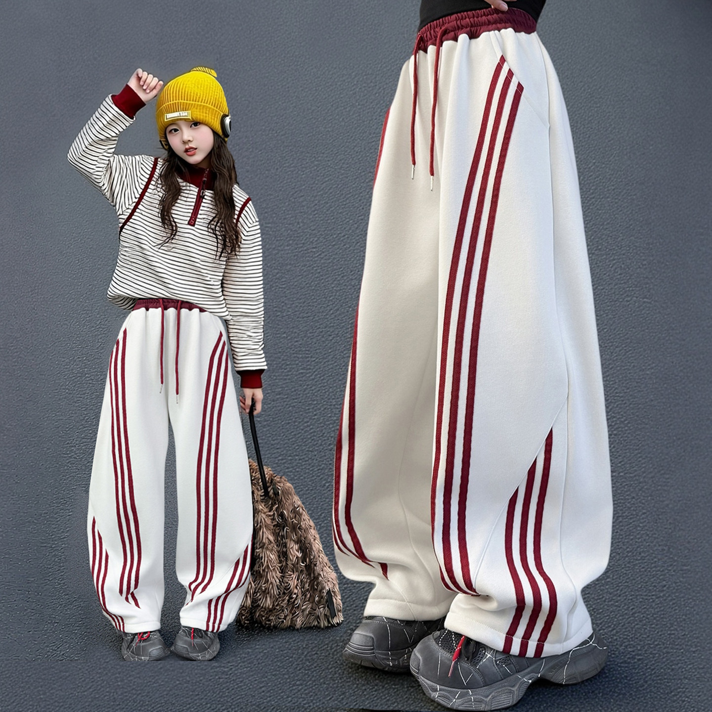 女童爵士街舞双面德绒T恤2025冬季新款一体绒加厚工装伞兵阔腿裤,淘宝优惠券,粉丝福利购,淘宝优惠卷