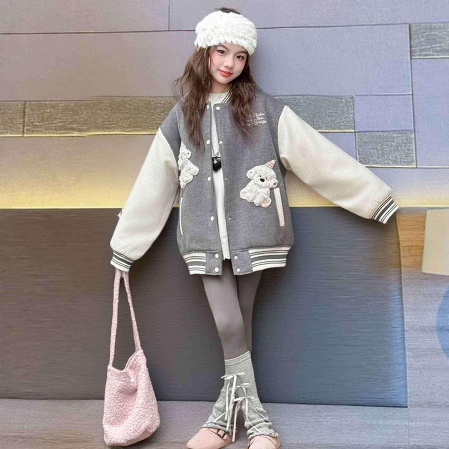 女童毛呢棒球服夹棉加厚2025秋冬新款中大童卡通刺绣拼色呢子外套 - 图0