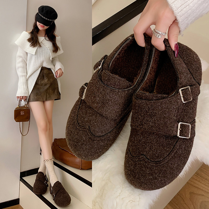 灰色毛呢勃肯鞋女秋冬厚底搭扣休闲乐福鞋加绒穆勒鞋,淘宝优惠券,粉丝福利购,淘宝优惠卷