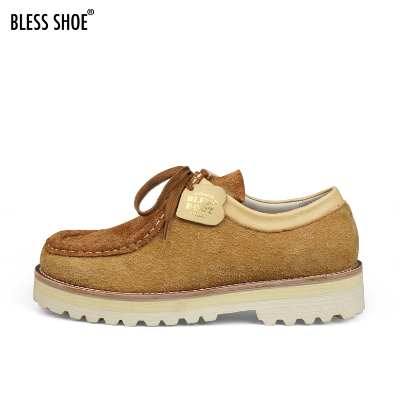 BLESS SHOE WALLABEE秋冬新品低帮厚底袋鼠鞋真皮拼色休闲工装靴 - 图0