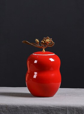 速发新中式件色盖罐陶瓷花酒摆件瓶店样板房铜配红软装工艺品厂家