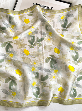 田园风花朵100%桑蚕丝小方巾薄款