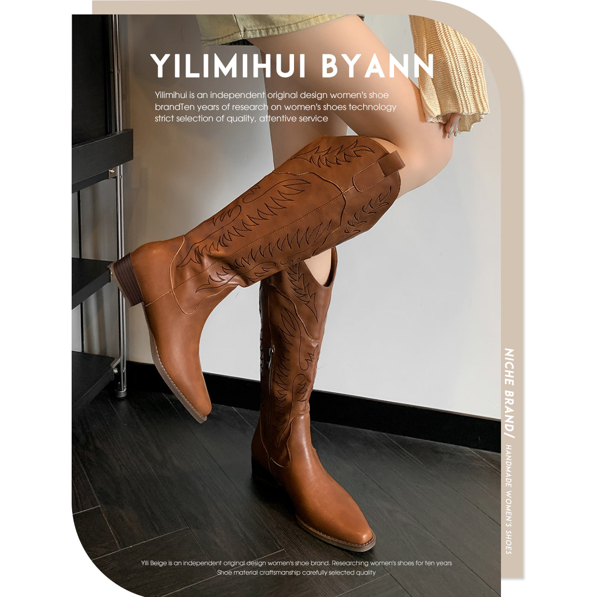 一力米灰 加州日落~！刺绣尖头西部牛仔靴粗跟高筒骑士靴长靴子女,淘宝优惠券,粉丝福利购,淘宝优惠卷