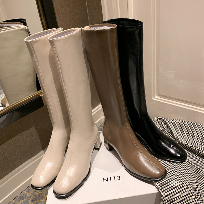 【一力米灰】法式时尚方头粗跟不过膝长筒靴女秋冬瘦腿高筒骑士靴,淘宝优惠券,粉丝福利购,淘宝优惠卷