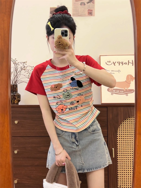 Ins style rainbow striped raglan sleeve t-shirt for women with flocking embroidery cartoon right shoulder short sleeve sweet girl slim waist short style