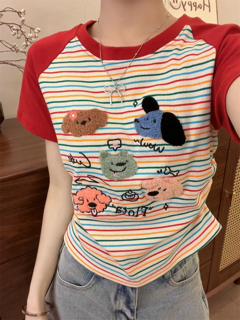Ins style rainbow striped raglan sleeve t-shirt for women with flocking embroidery cartoon right shoulder short sleeve sweet girl slim waist short style