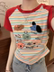 Ins style rainbow striped raglan sleeve t-shirt for women with flocking embroidery cartoon right shoulder short sleeve sweet girl slim waist short style