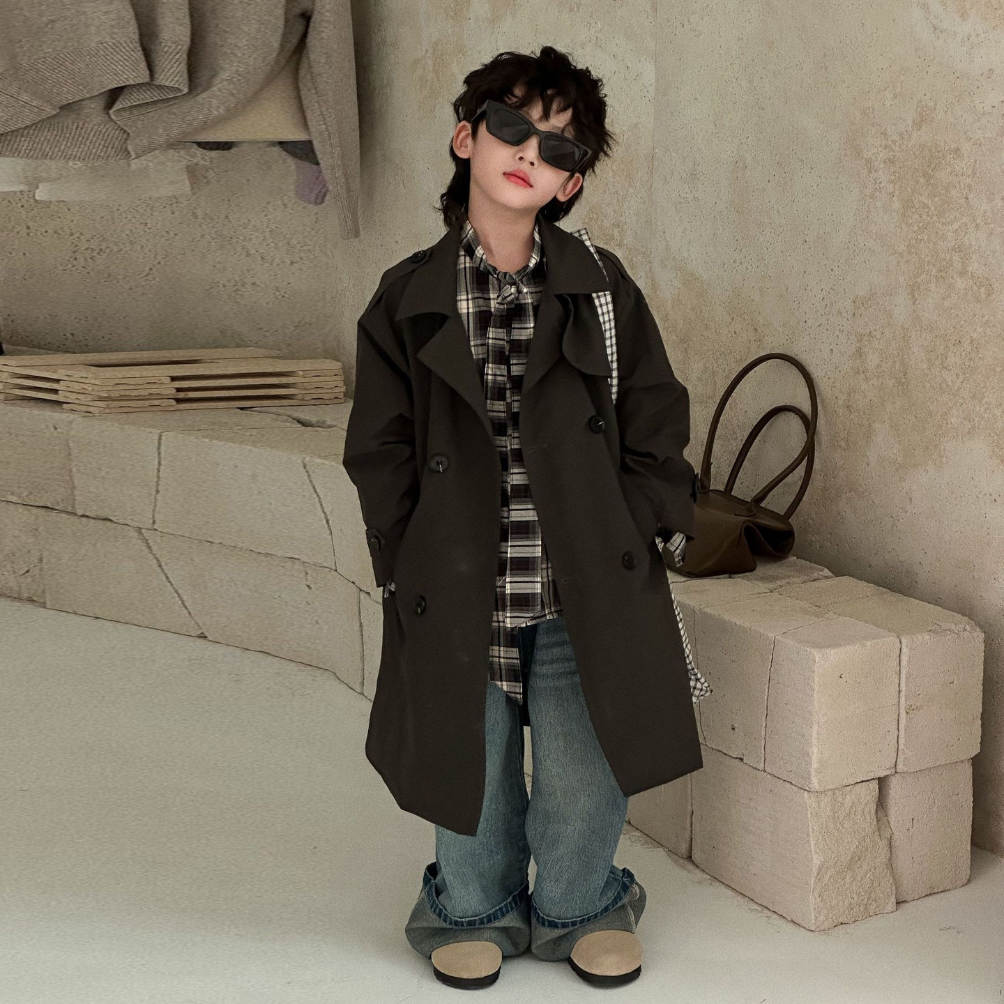 男童风衣外套2025新款黑色秋季英伦风帅气儿童中长款大衣洋气上衣,淘宝优惠券,粉丝福利购,淘宝优惠卷