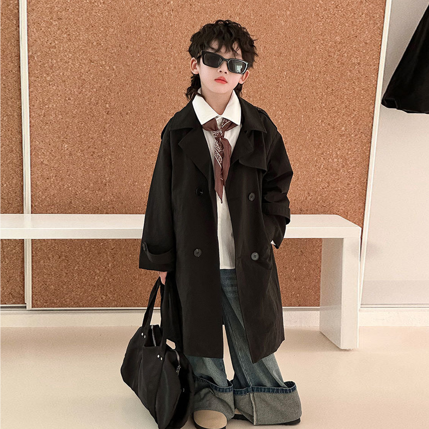 男童风衣外套2025新款黑色秋季英伦风帅气儿童中长款大衣洋气上衣,淘宝优惠券,粉丝福利购,淘宝优惠卷
