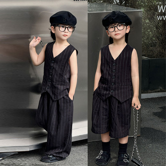 韩范男童马甲套装夏季儿童白色小西装痞帅风模特t台走秀礼服潮酷