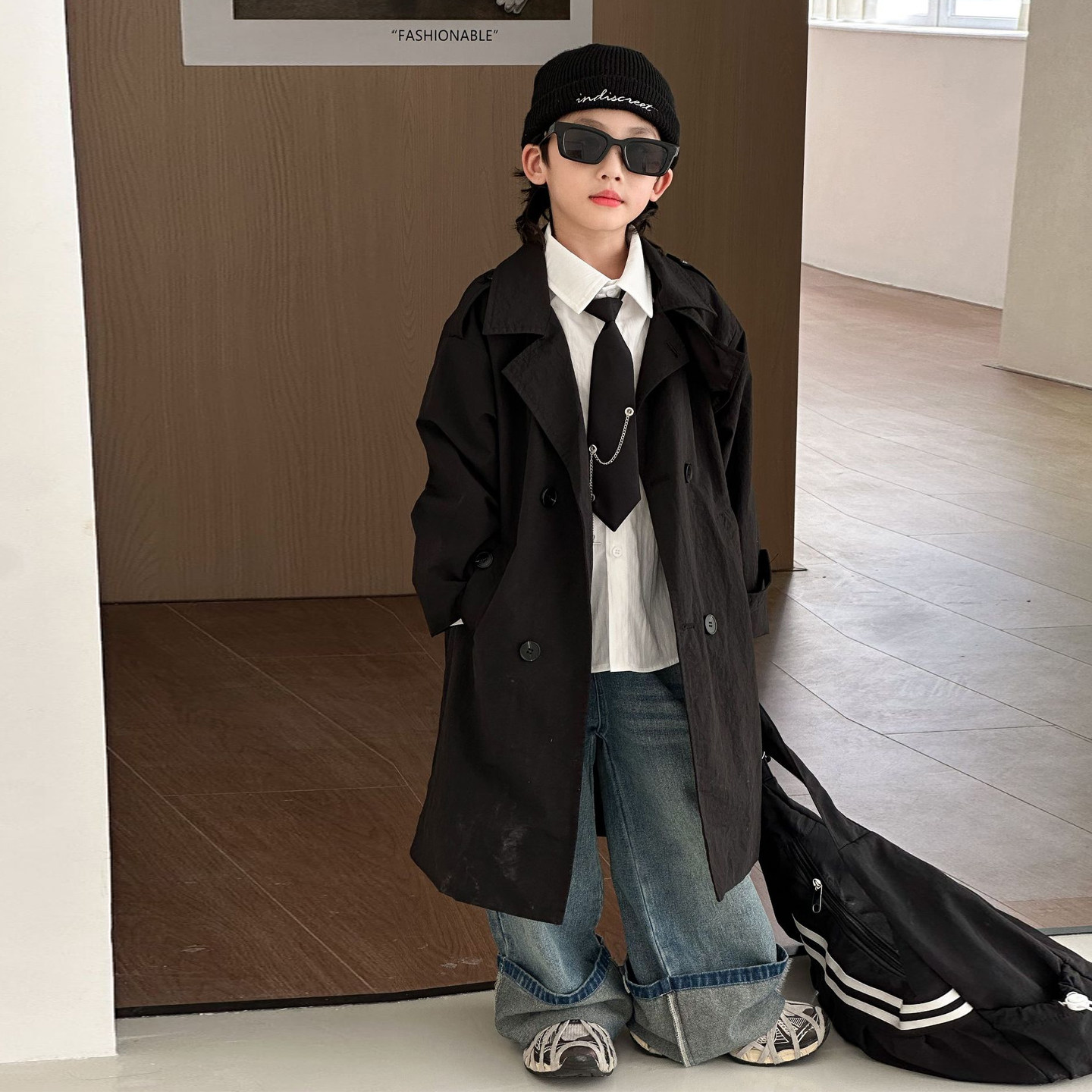 男童风衣外套2025新款黑色秋季英伦风帅气儿童中长款大衣洋气上衣,淘宝优惠券,粉丝福利购,淘宝优惠卷