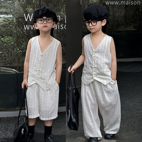 韩范男童马甲套装夏季儿童白色小西装痞帅风模特t台走秀礼服潮酷