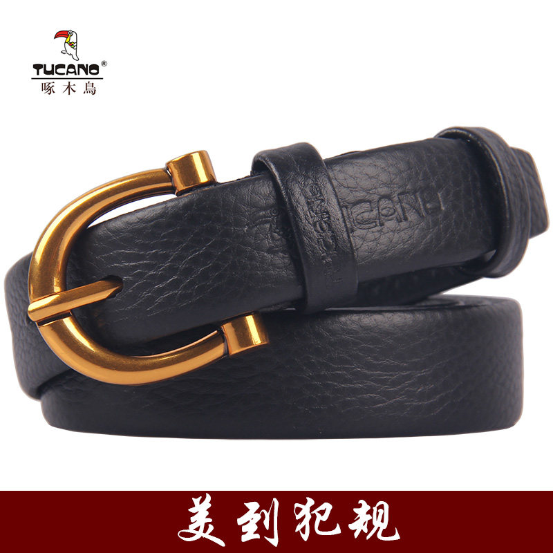 新款啄木鸟女皮带真皮时尚女士腰带细头层牛皮软设计感百搭裤带