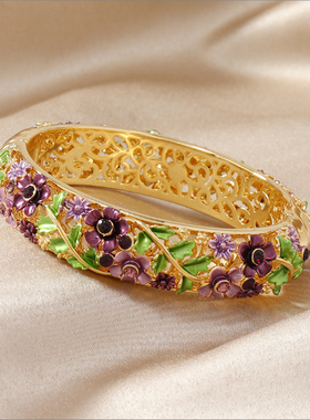 景泰蓝水晶手镯宫廷复古玫瑰花朵型蝴蝶镂空开口流行首饰情侣镯子