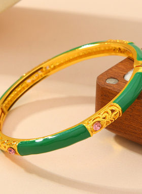 绿珐琅镶钻沙金手镯新中式合金开口活扣手环女民族风饰品古风镯子