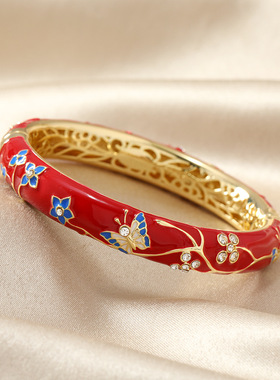 新中式复古风格景泰蓝彩绘手镯民族风光感釉色珐琅镯子时尚手饰品