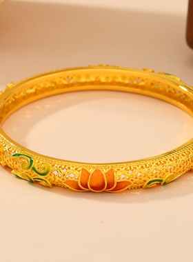 手镯沙金镂空开口活扣手环锦鲤莲花宫廷花纹女士复古气质饰品配饰