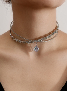 简约锆石水滴交叉两戴锁骨链