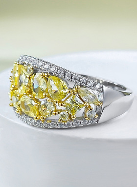 S925银戒指轻奢ins高级感微镶锆石高碳钻黄钻戒指女满钻气质百搭