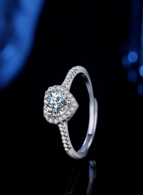 s925纯银爱心1克拉莫桑钻戒指女求婚莫石手饰开口可调节指环批发