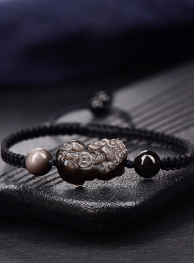天然黑曜石银曜石貔貅水晶情侣手链一对手绳貔貅手链女手链男