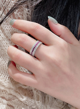 隆隆金珠宝新款S925银粉红佳人古法宽边点钻戒指豪镶满钻小红书款