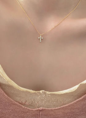 s925纯银镀14k黄金闪钻十字架项链女简约小巧精致高级感锁骨链女