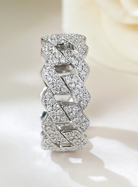 隆隆金微镶S925银环扣锆石戒指HIPHOP嘻哈风格个性潮流时尚银饰品