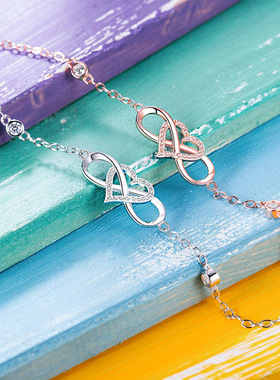 S925银8字心形手链 亚马逊外贸符号心形镶钻锆石手链