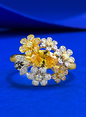 隆隆金珠宝新款S925银黄钻5*7mm小繁花蜜蜂戒指女轻奢设计感优雅