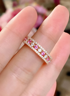 洛熙寺珠宝 2023新款925银镀玫瑰金戒指红刚玉间色排戒欧美流行款