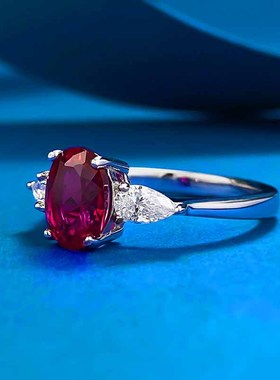 鹿鹿通珠宝 新款S925银仿真鸽血红6*8mm椭圆红刚玉时尚百搭戒指款