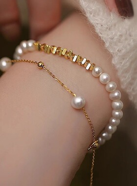 2025新款碎银几两珍珠手链女轻奢气质百搭手镯碎金方块设计送女友