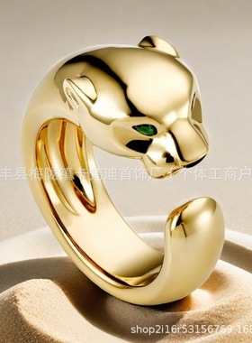 K家CNC精工银镀18K金满钻斑点豹头戒指时尚轻奢个性指环男女猎豹