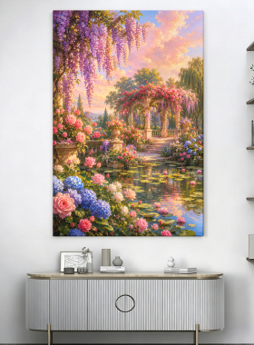 紫藤花花园风景装饰画客厅挂画卧室温馨风景油画壁画