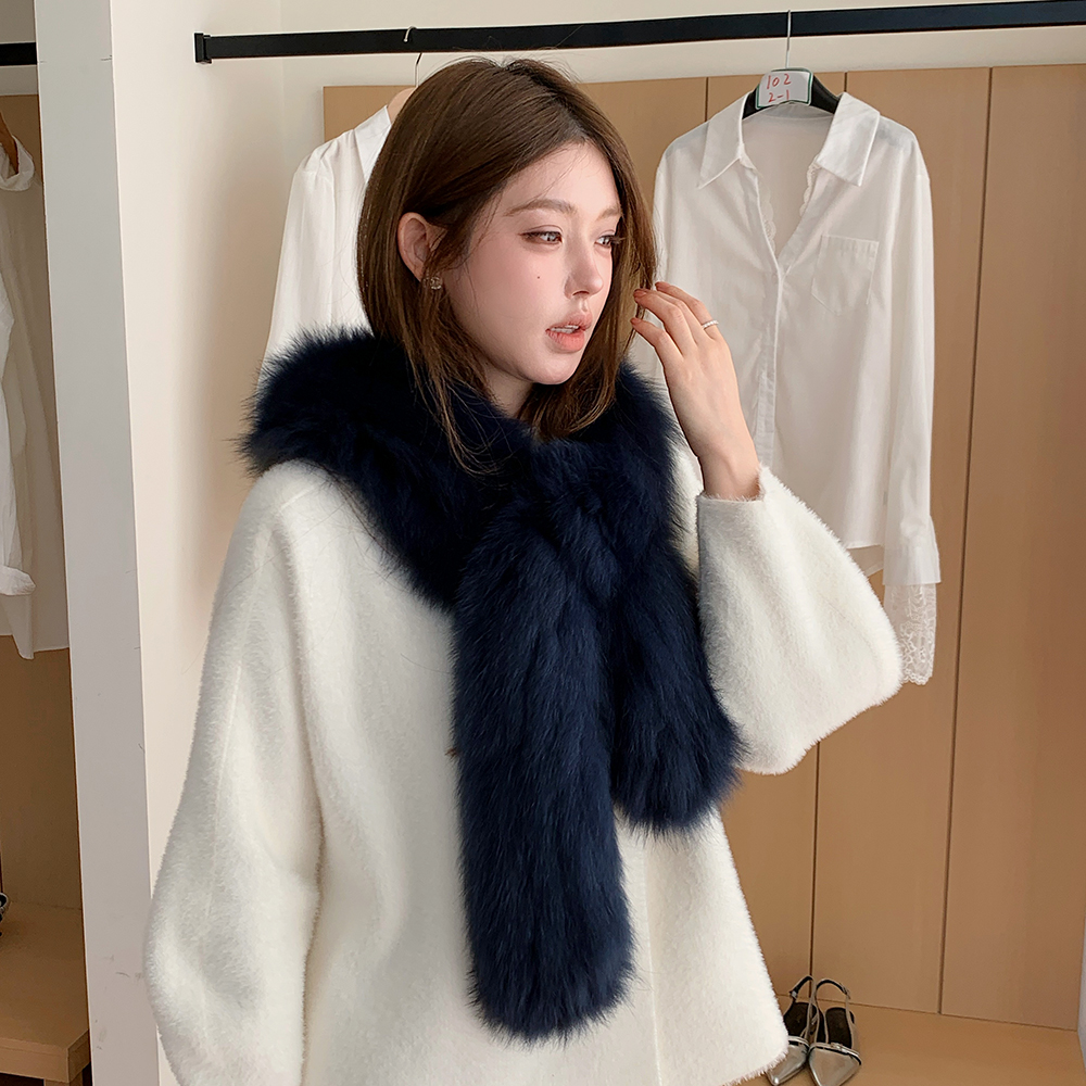 走秀款狐狸毛风雪帽冬季保暖旅行真毛围巾帽子皮草披肩女普鲁士蓝 - 图1