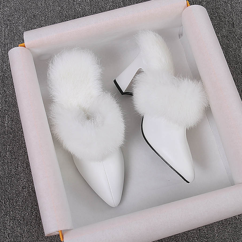 毛毛拖鞋女冬季新款包头半拖粗跟尖头时尚百搭高跟真兔毛女拖鞋 - 图2