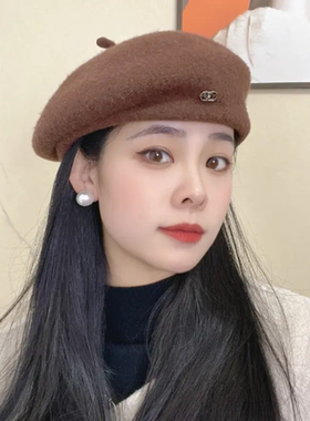出游优雅女性秋冬短檐纯色贝雷帽
