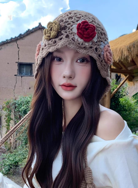 秋冬女立体花朵流苏护耳针织帽