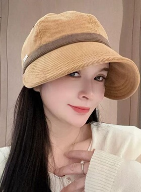 灯芯绒鸭舌帽女冬可挂口罩帽子