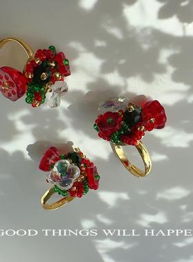 手工串珠自制圣诞戒指红配绿小花节日氛围感个性礼物闺蜜指环开口