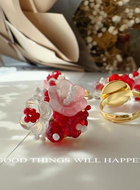 可爱红色花花串珠戒指