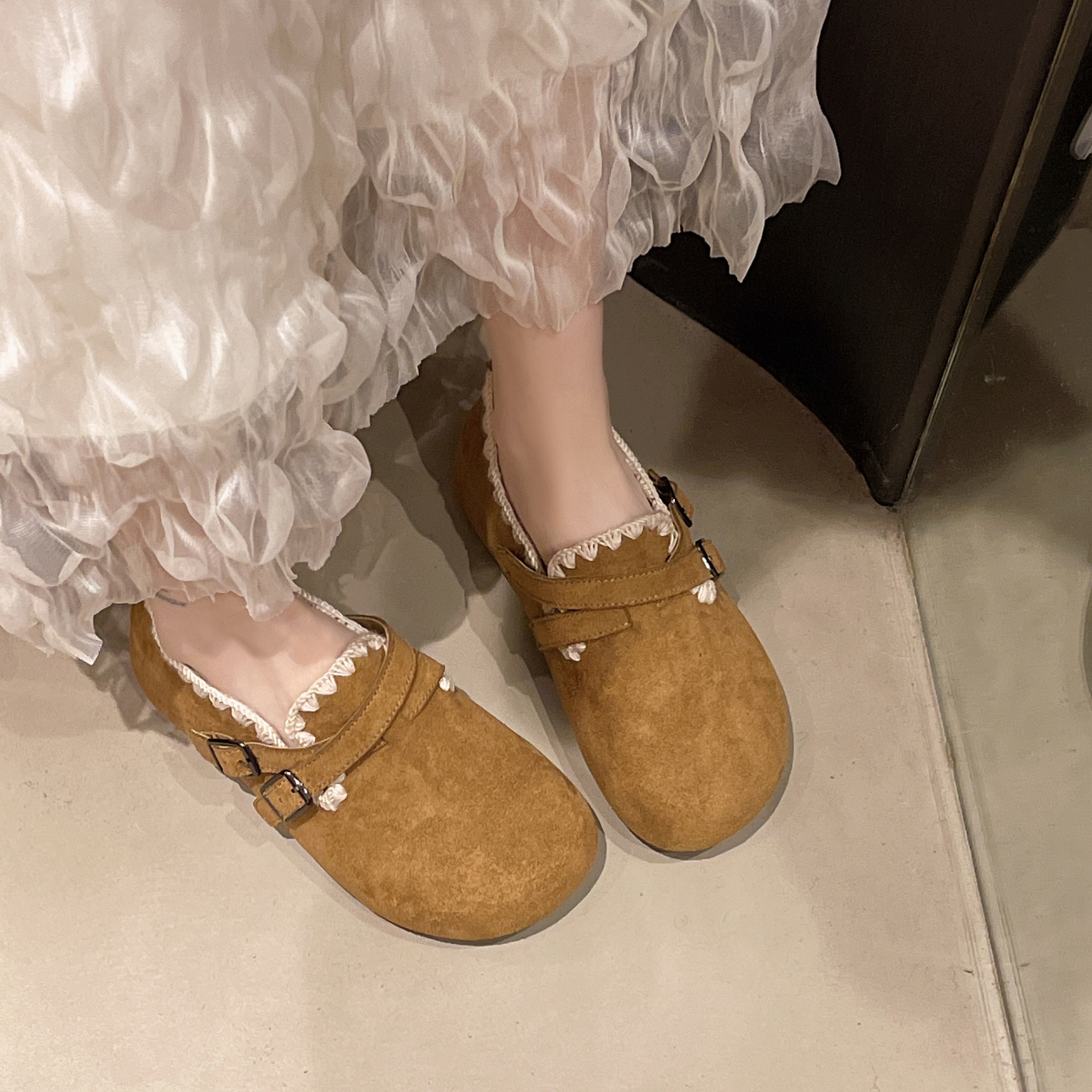 小个子内增高厚底勃肯鞋女2025秋季新款复古花边一脚蹬懒人单鞋子 - 图3