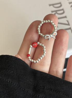 蝴蝶结/M豆脚戒】通体s925纯银串珠彩色弹力绳脚趾戒指女小尾戒