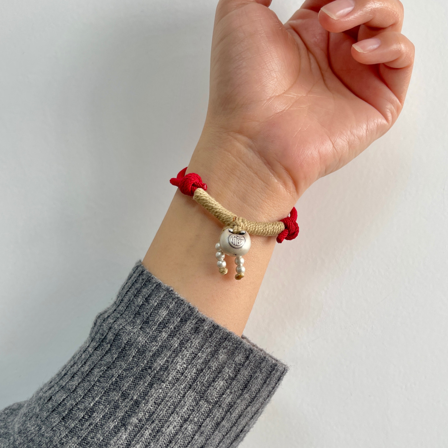 哑光胖福手链】925纯银红绳可爱精致磨砂可调节手环新年礼物红色,淘宝优惠券,粉丝福利购,淘宝优惠卷